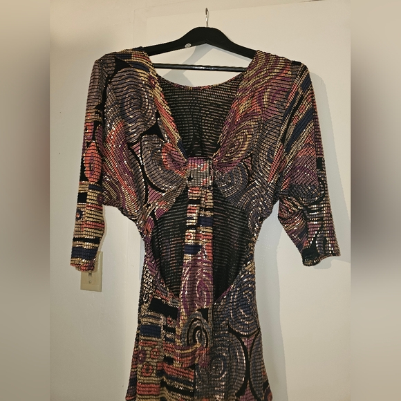 VINTAGE 1980's Janine Hand Painted Metallic Mosaic Runway Dress ITALY S - Picture 6 of 11